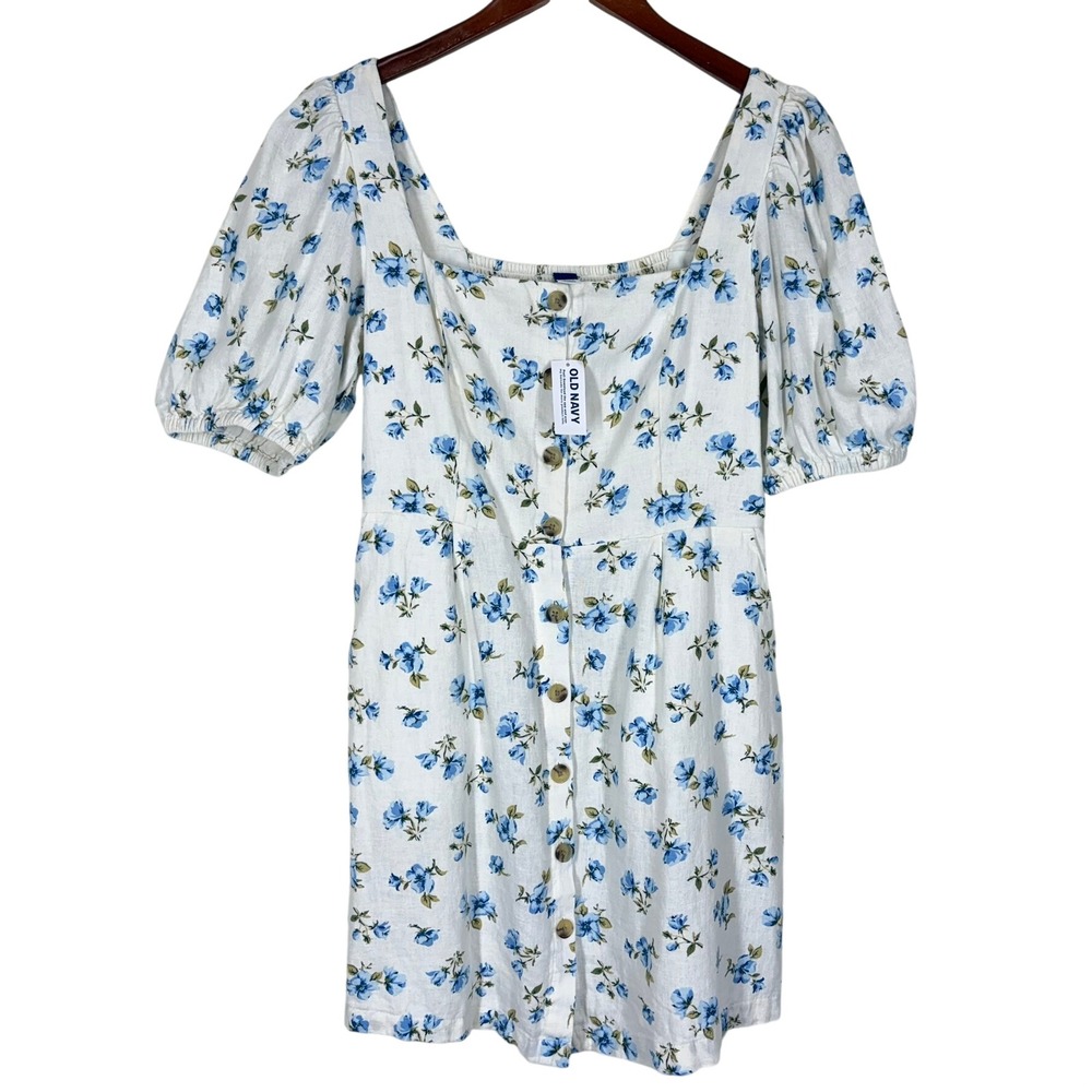 Old Navy NWT Womens Floral Mini Dress Medium White Blue Linen Blend Puff Sleeve